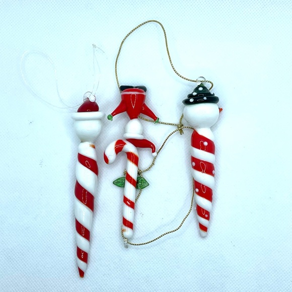 Set of 3 Glass Ornaments. Candy Cane Themed with Characters. - Picture 2 of 5